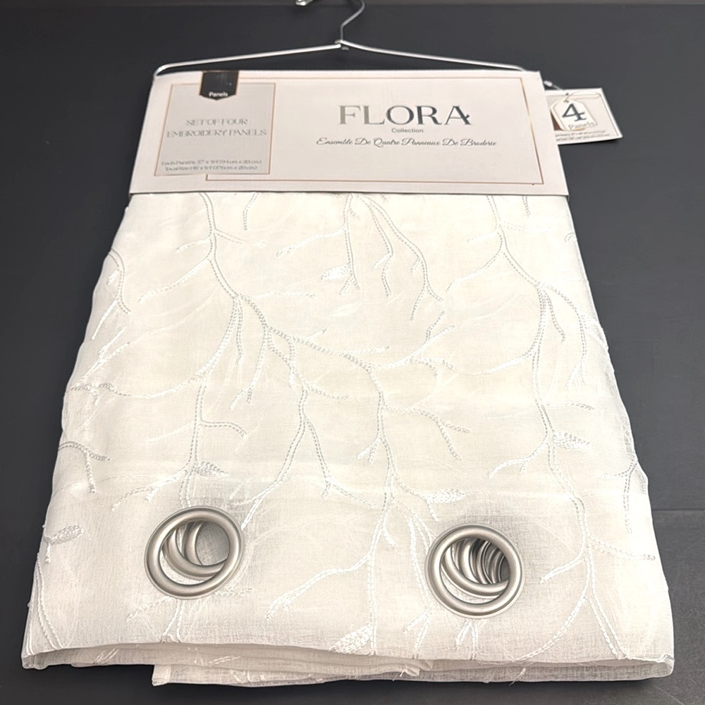 FLORA Collection Set Of 4 Embroidery Panels - White -37"x84" - Picture 2 of 13